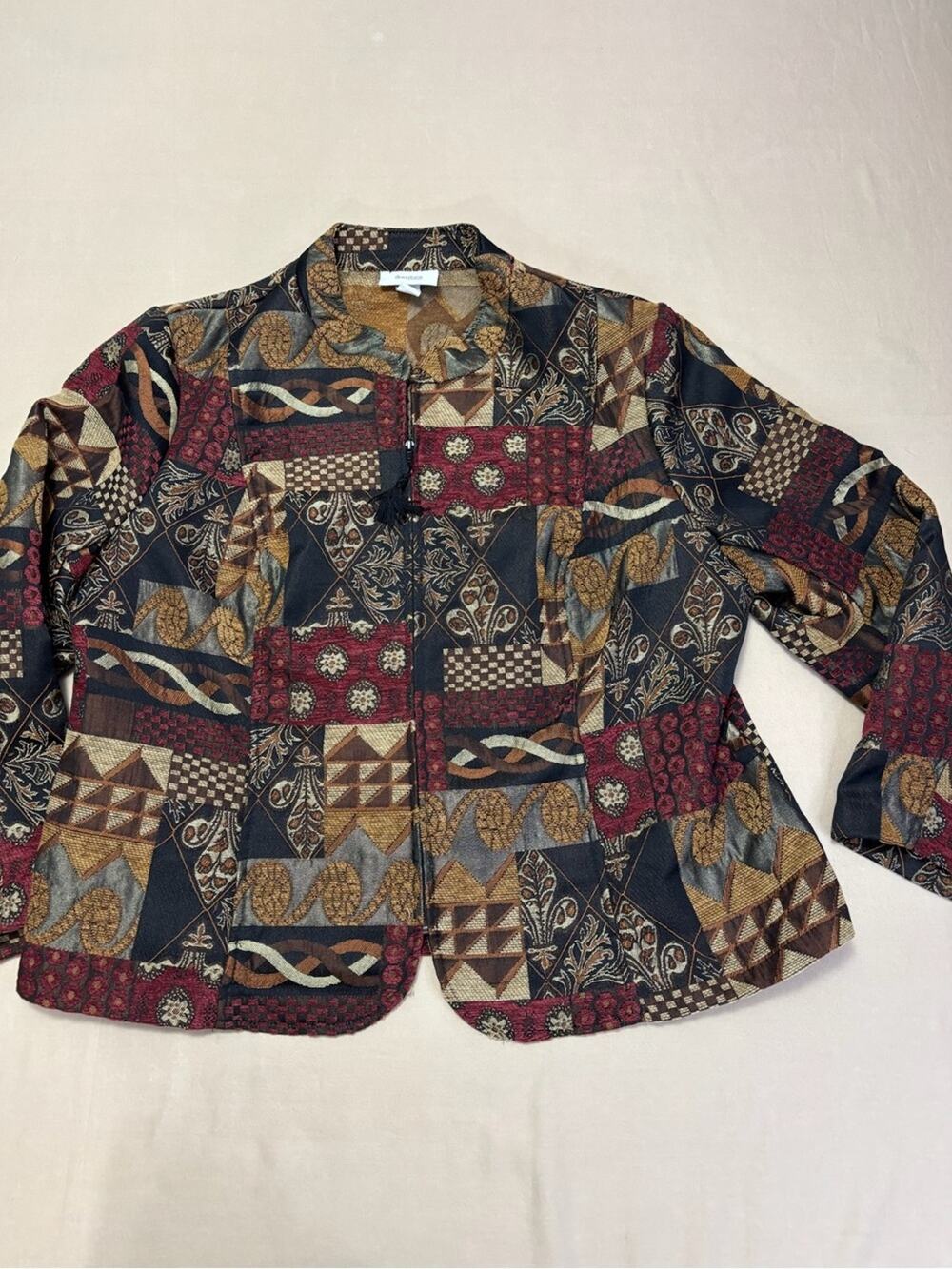 Dress Barn Women's Tapestry Patchwork Full Zip Blazer Black, Burgundy & Gold 2X